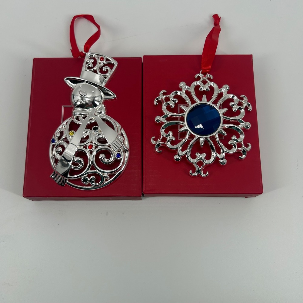 Lenox 2 Bejeweled Silver plated Christmas ornaments snowman‎ and snowflake